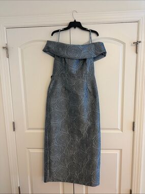 Xscape Off Shoulder Rose Embossed Midi Dress - Slate Blue